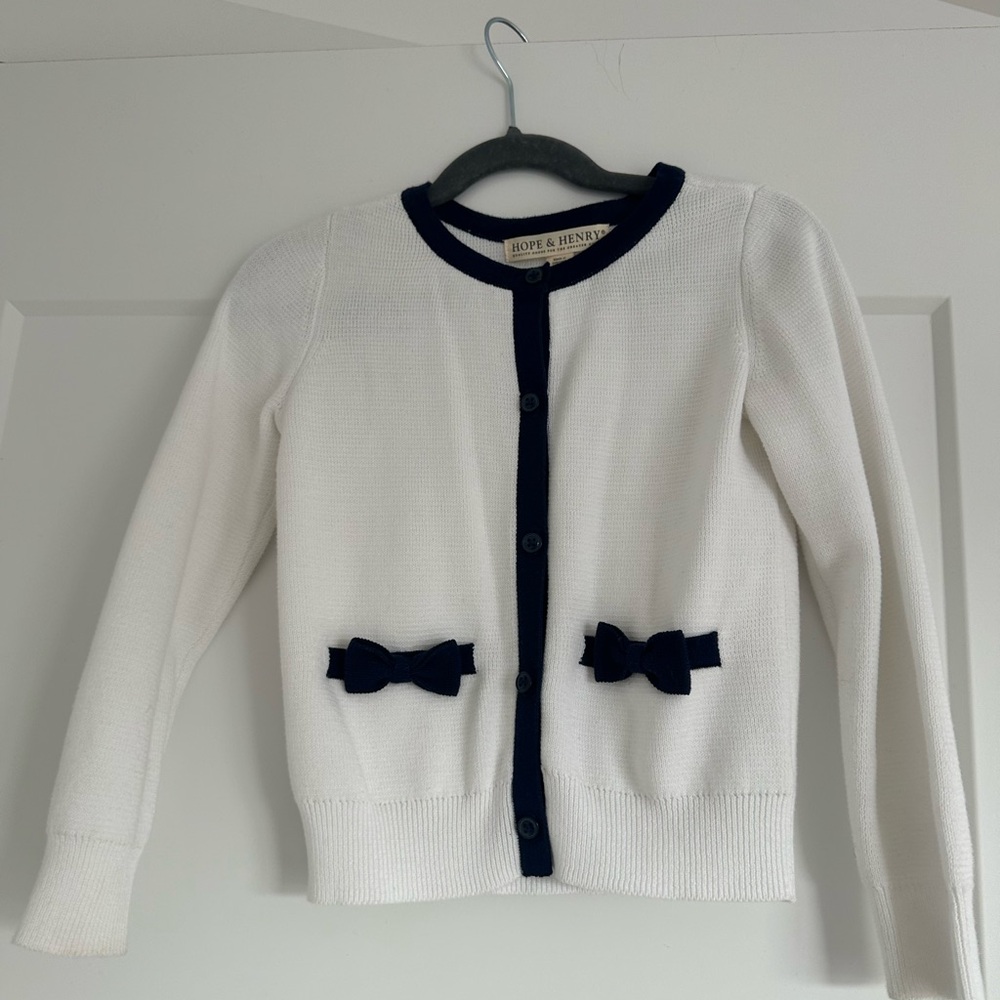 Hope & Henry Kids White Sweater with Navy Trim
